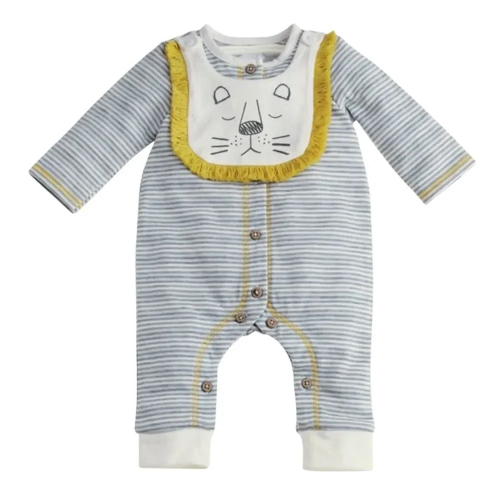 Mud Pie Gray and White Lion Sleeper and Bib Set - Excellent Condition